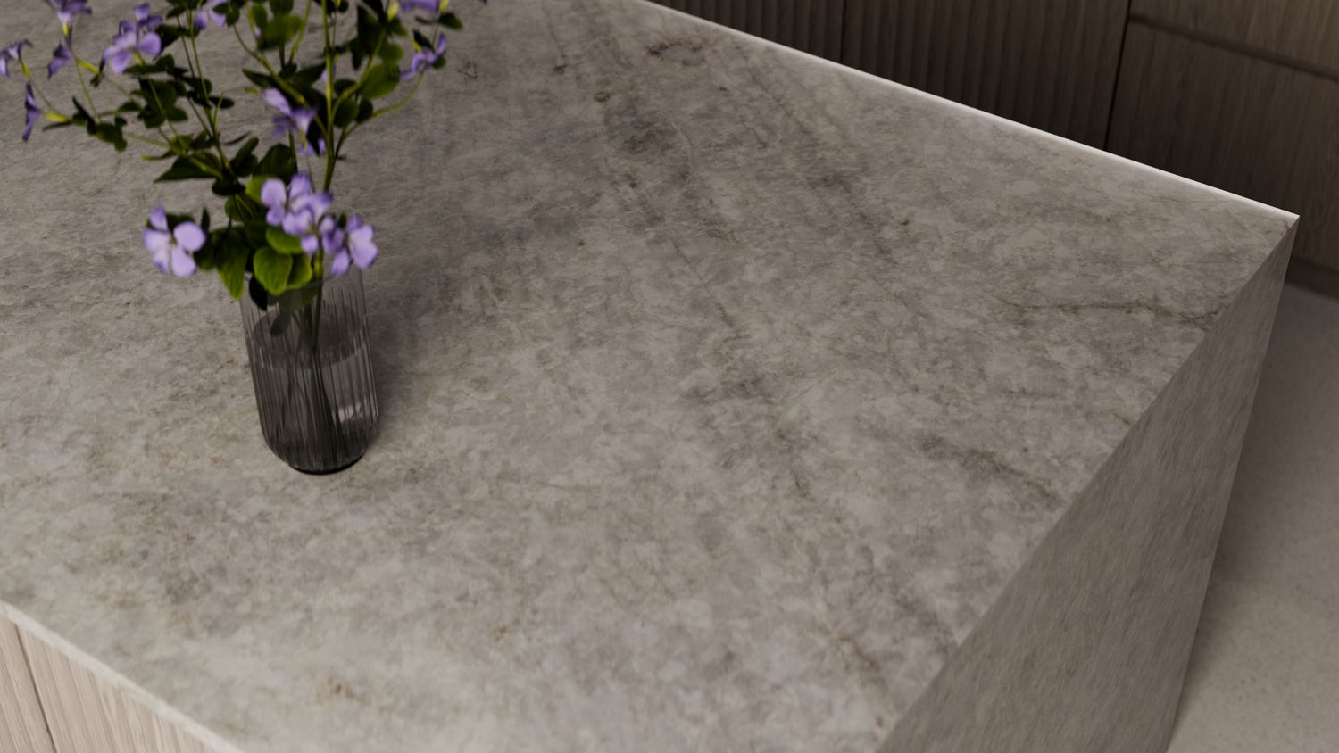 Cool grey-white with a soft diagonal drift, zero-silica quartz surface ZQ11111, in situ