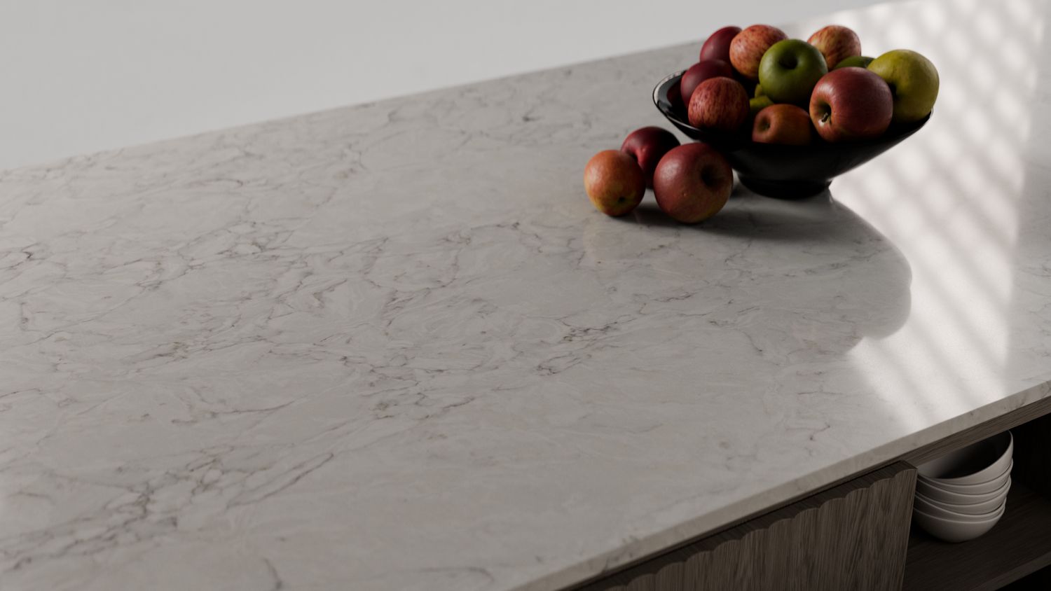 White with soft grey wisps, zero-silica quartz surface ZQ111110, in situ