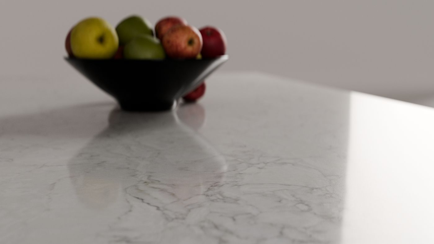 White with soft grey wisps zero-silica quartz, interior scene 3