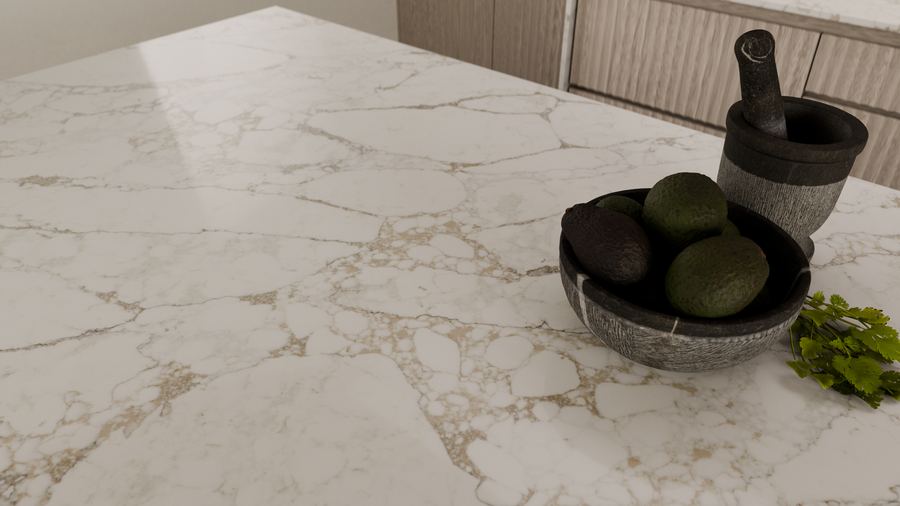 Honey-gold vein web on cream, zero-silica quartz surface, ZQ111111