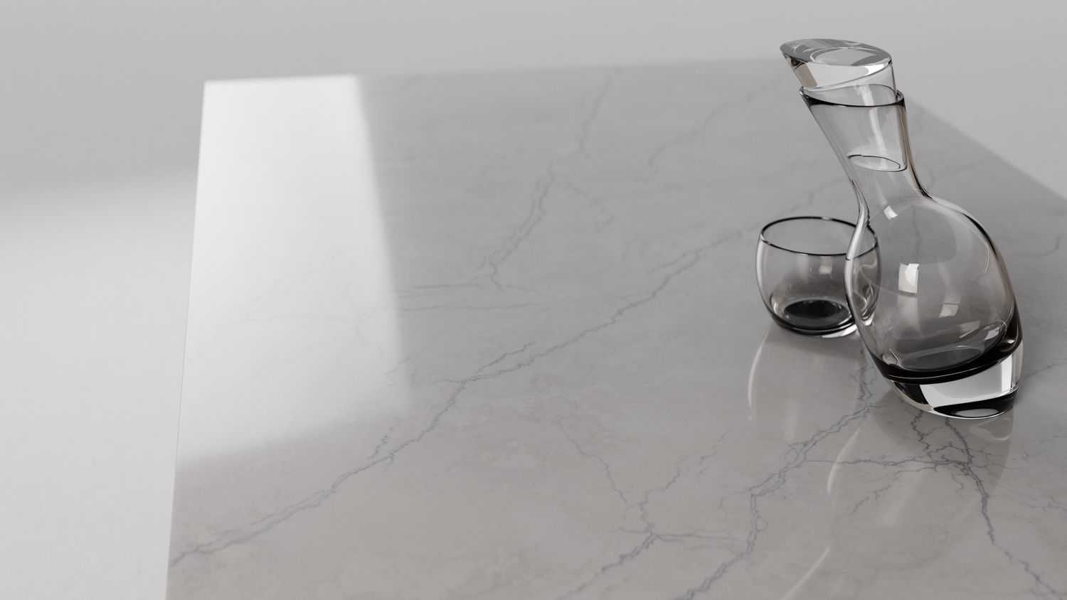 Cool light grey with a fine web, zero-silica quartz surface ZQ111112, in situ