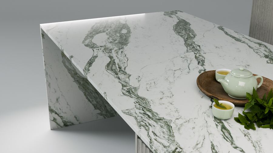 Bold forest-green veining on white, zero-silica quartz surface, ZQ111113