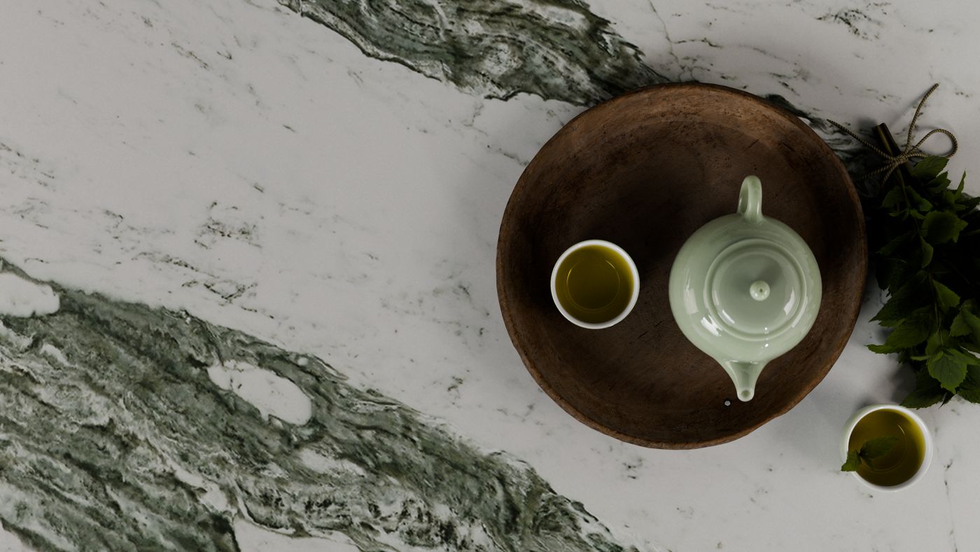 Bold forest-green veining on white zero-silica quartz, interior scene 2