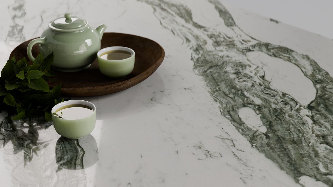 Bold forest-green veining on white zero-silica quartz, interior scene 3