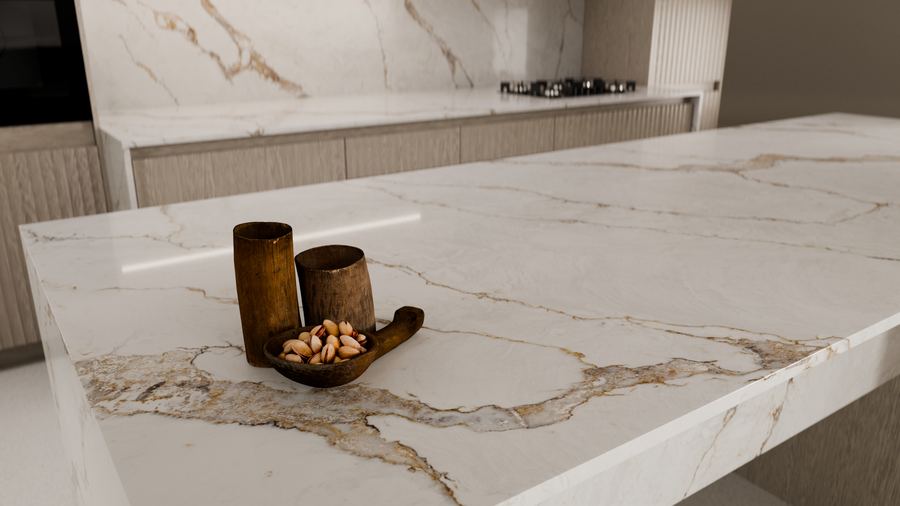Soft ochre-gold veining on white, zero-silica quartz surface, ZQ111114