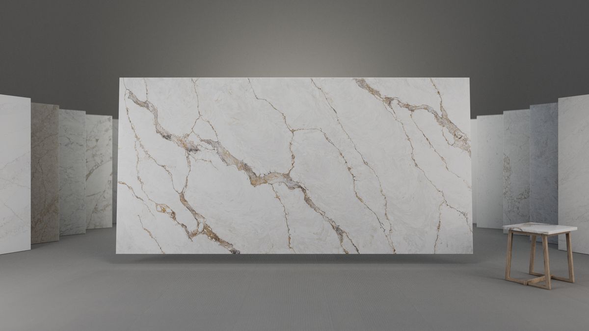 Soft ochre-gold veining on white, Slab view 1, ZQ111114