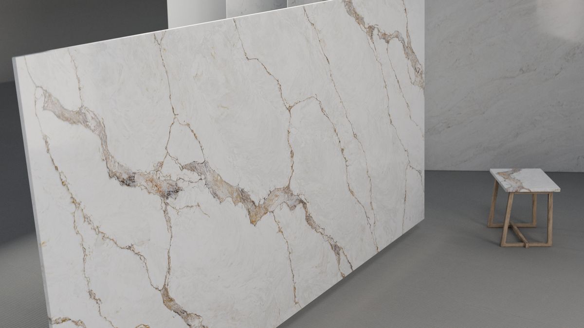 Soft ochre-gold veining on white, Slab view 3, ZQ111114