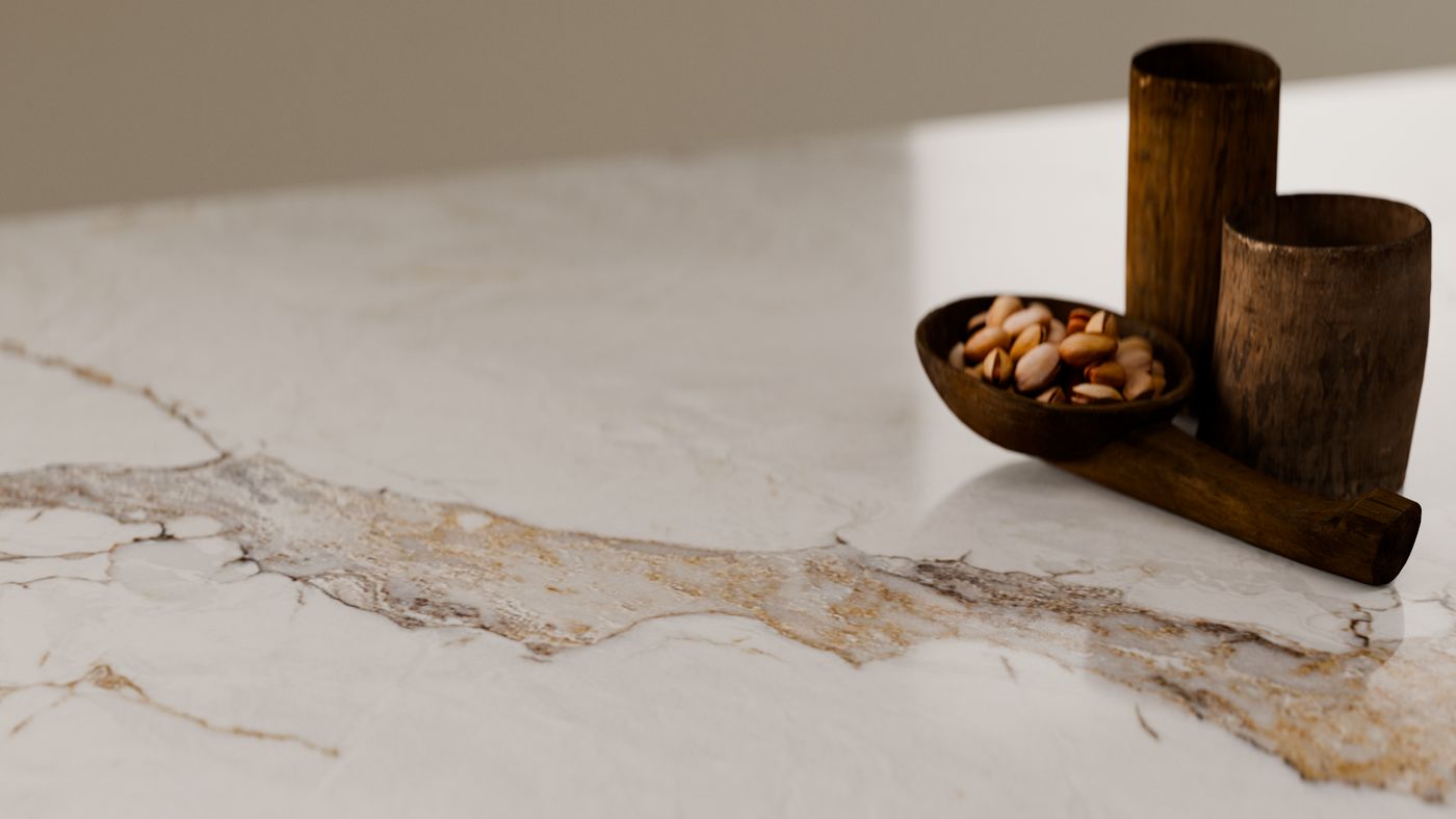 Soft ochre-gold veining on white zero-silica quartz, interior scene 2