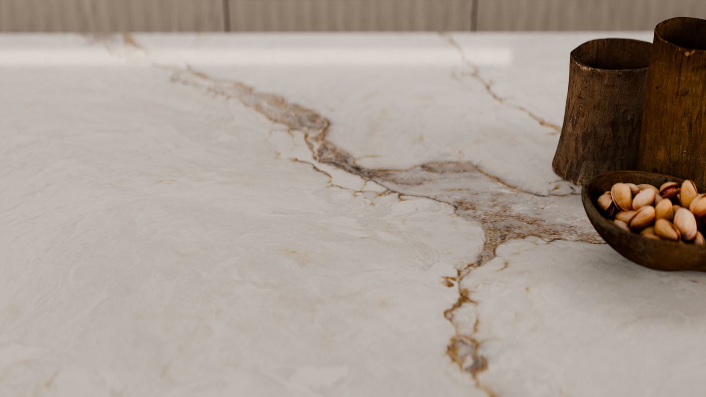 Soft ochre-gold veining on white zero-silica quartz, interior scene 3