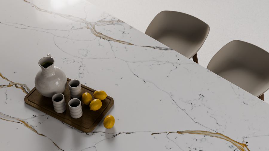 Bold caramel-gold veining on bright white, zero-silica quartz surface, ZQ111115