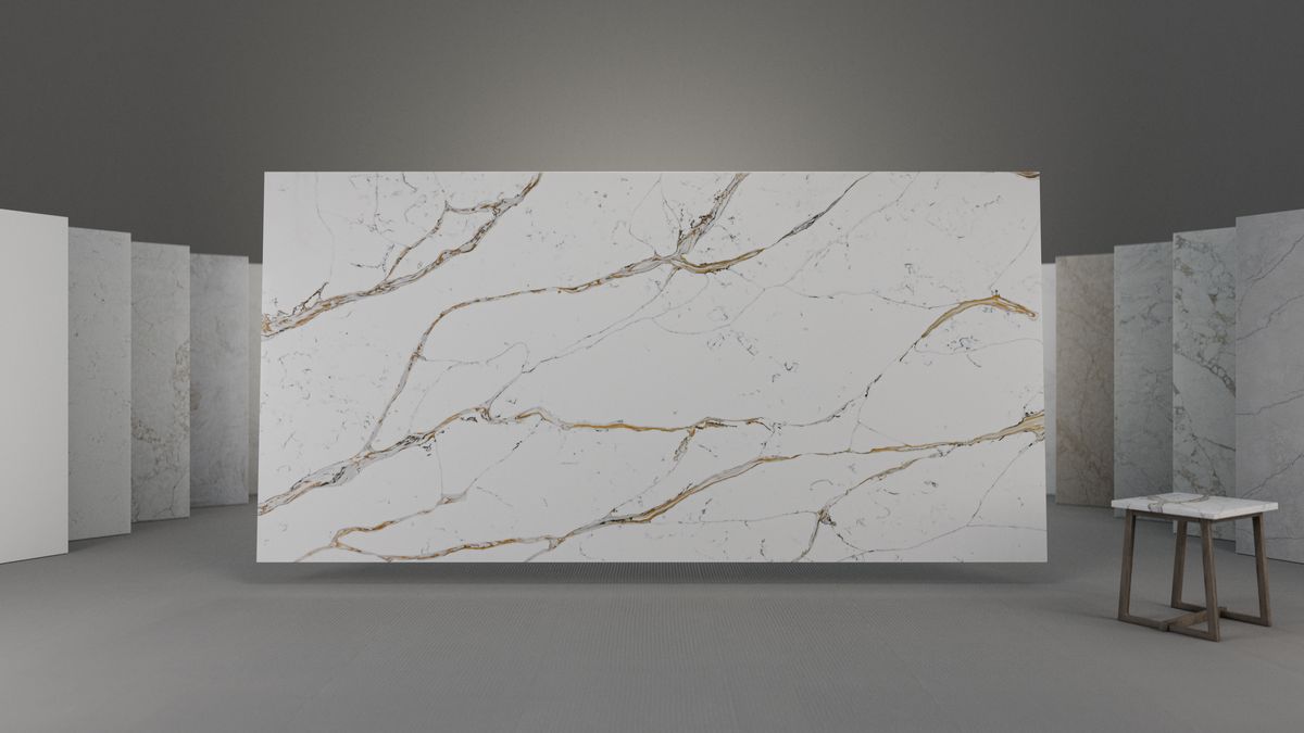 Bold caramel-gold veining on bright white, Slab view 1, ZQ111115
