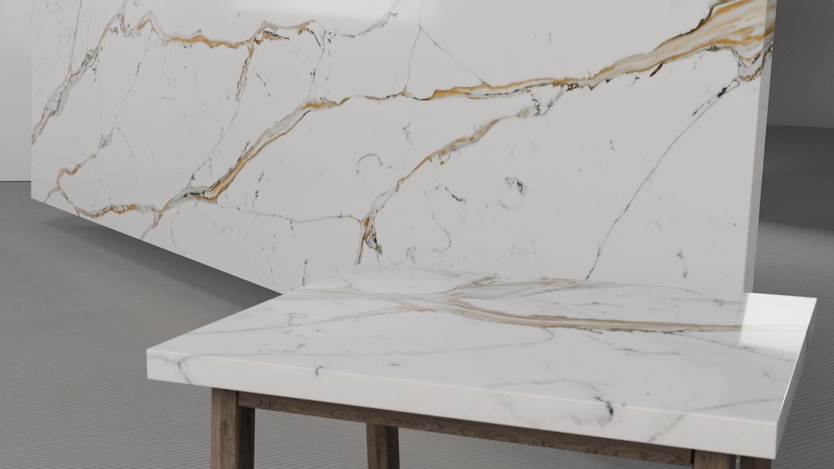 Bold caramel-gold veining on bright white, Slab view 2, ZQ111115