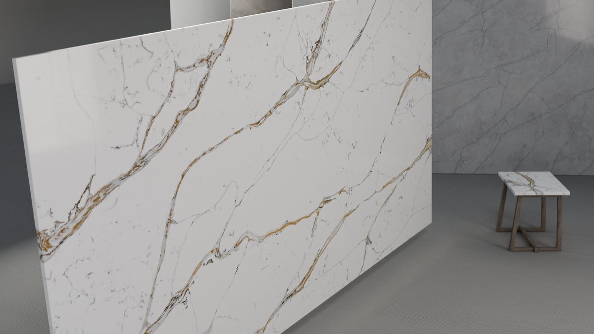 Bold caramel-gold veining on bright white, Slab view 3, ZQ111115