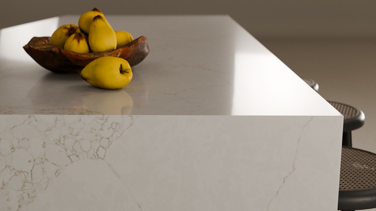 Warm taupe pebbled vein-network on ivory, zero-silica quartz surface ZQ11114, in situ