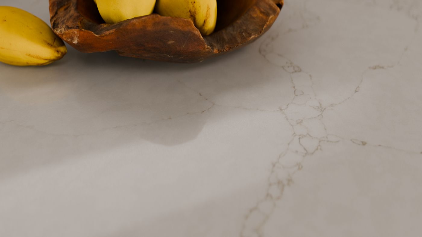 Warm taupe pebbled vein-network on ivory zero-silica quartz, interior scene 3