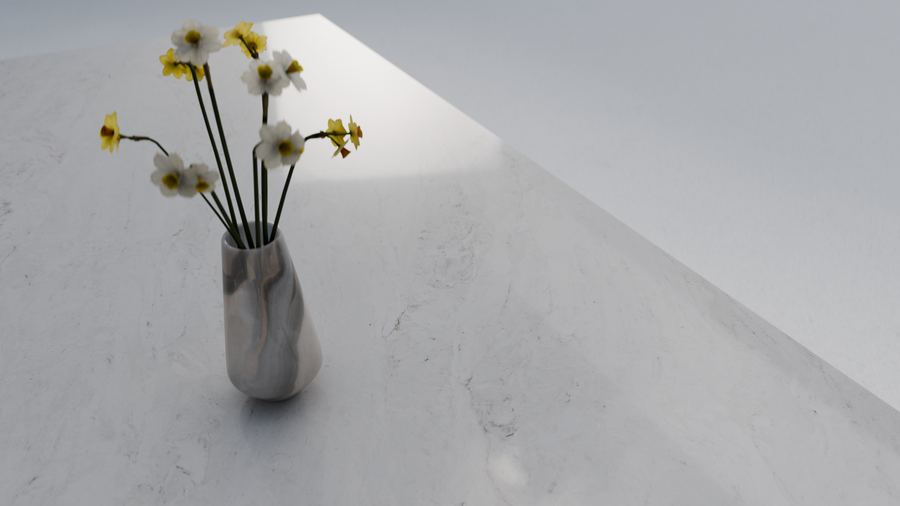Warm white with faint grey wisps, zero-silica quartz surface, ZQ11116