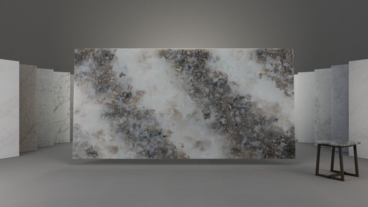 Dramatic bronze-and-grey mineral cluster on white, Slab view 1, ZQ11117