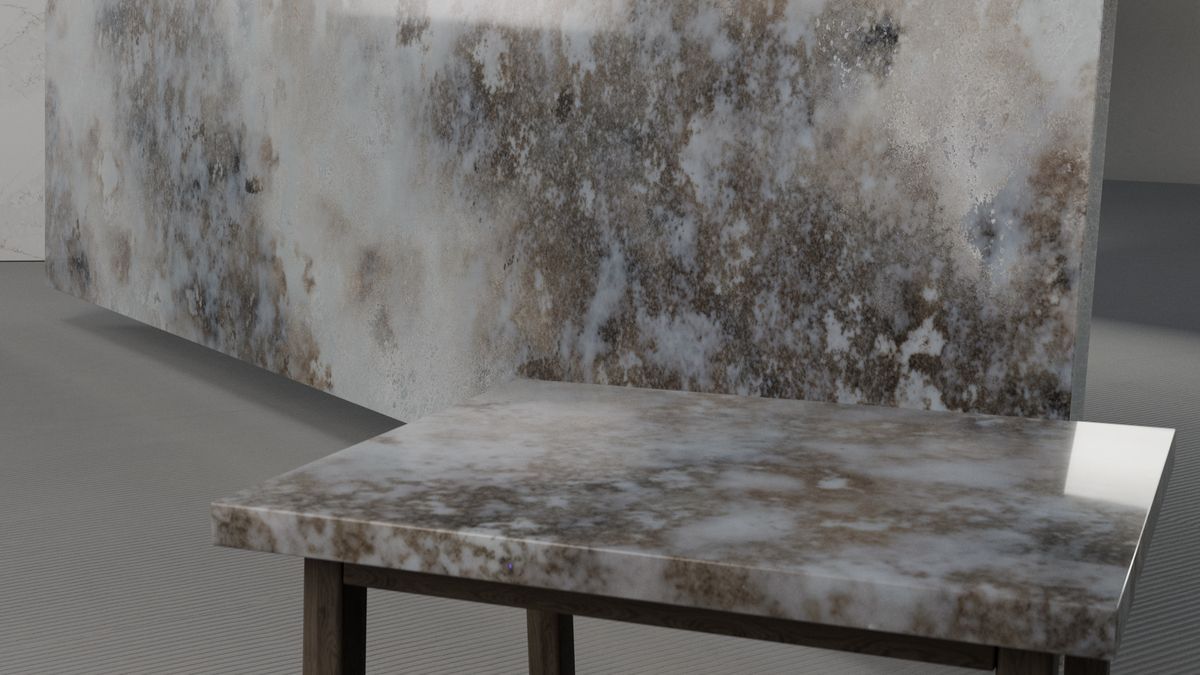 Dramatic bronze-and-grey mineral cluster on white, Slab view 2, ZQ11117