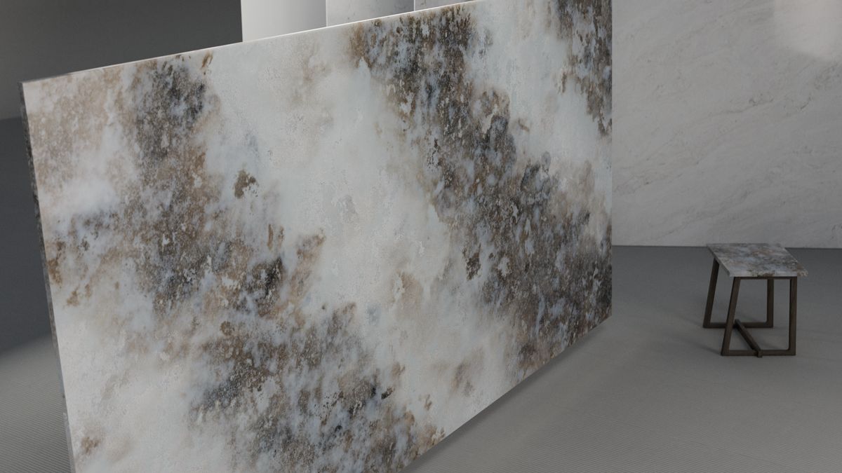 Dramatic bronze-and-grey mineral cluster on white, Slab view 3, ZQ11117