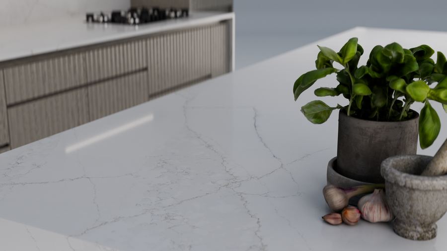 Cool white with delicate grey threads, zero-silica quartz surface, ZQ11118
