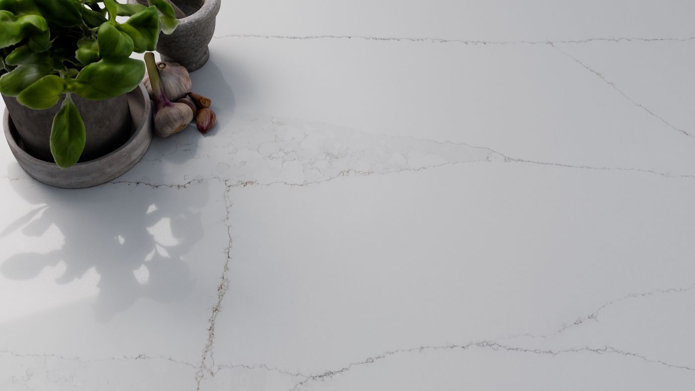 Cool white with delicate grey threads zero-silica quartz, interior scene 2