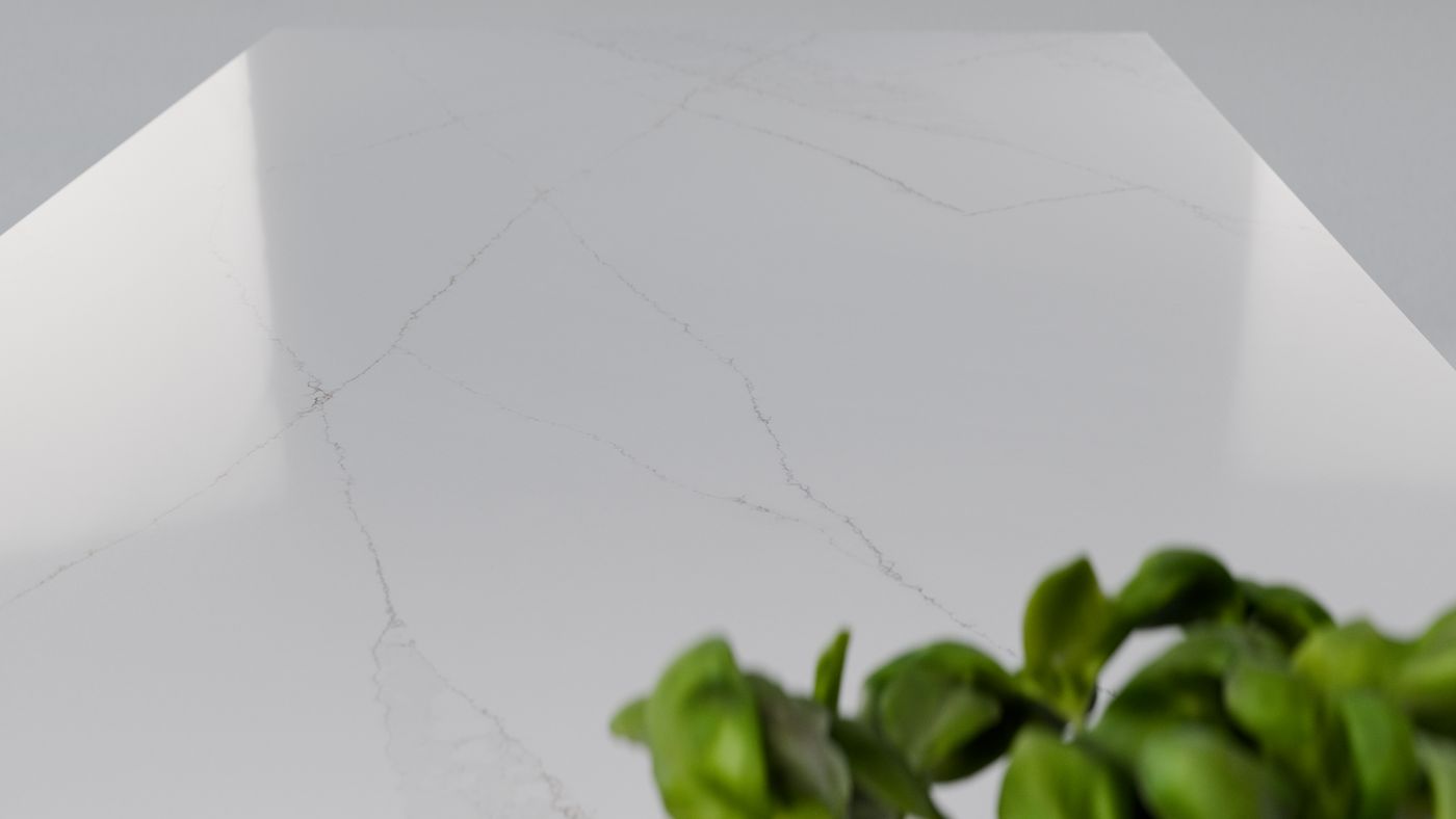 Cool white with delicate grey threads zero-silica quartz, interior scene 3