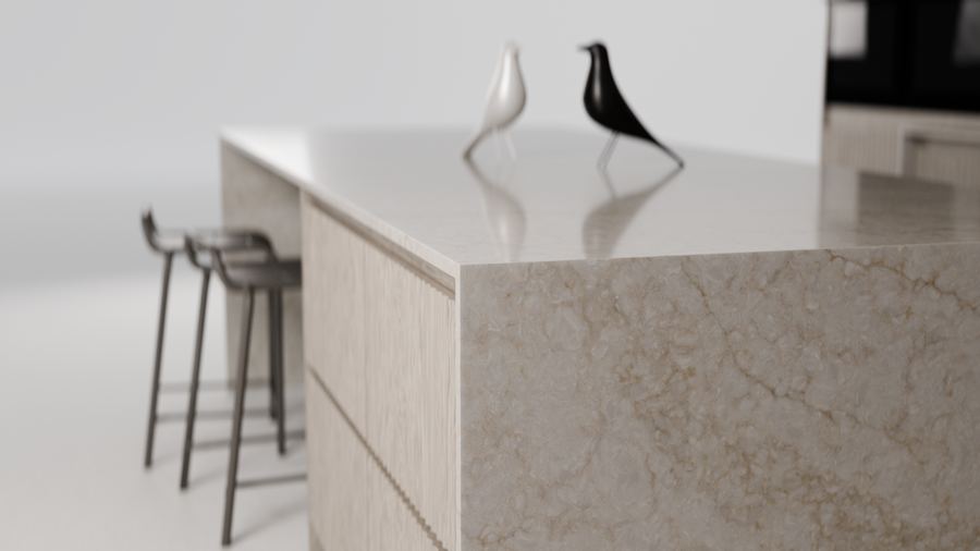 Warm sand, soft travertine flow, zero-silica quartz surface, ZQ11119